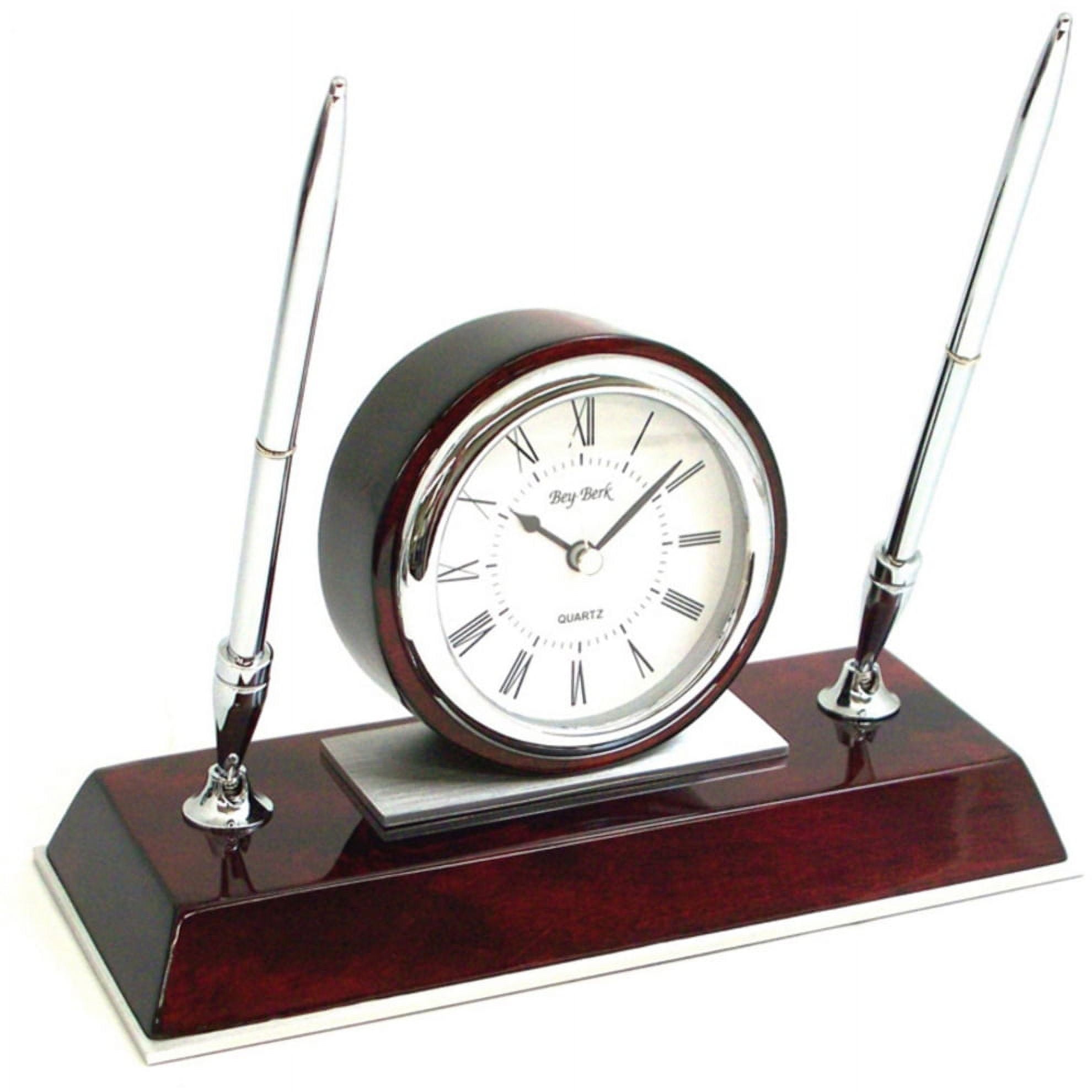 Picture of Bey-Berk International CM681 Dresden Lacquered Quartz Desk Clock with Chrome &amp; Stainless Steel Accents&#44; 2 Pens - Rosewood &amp; Chrome