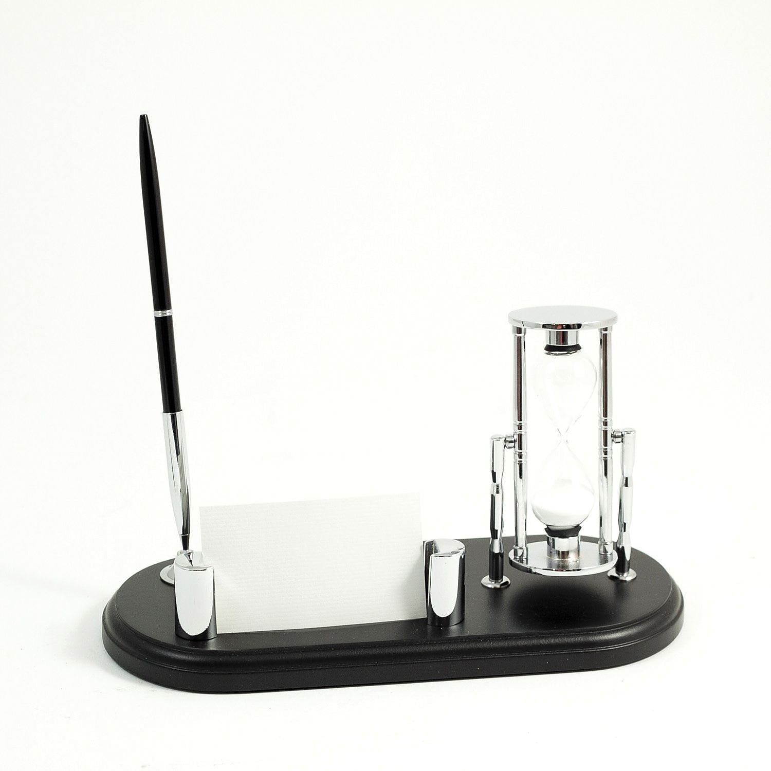 Picture of Bey-Berk International D819 Black Wood &amp; Chrome Plated Pen Stand with 3 Minute Sand Timer Business Card Holder