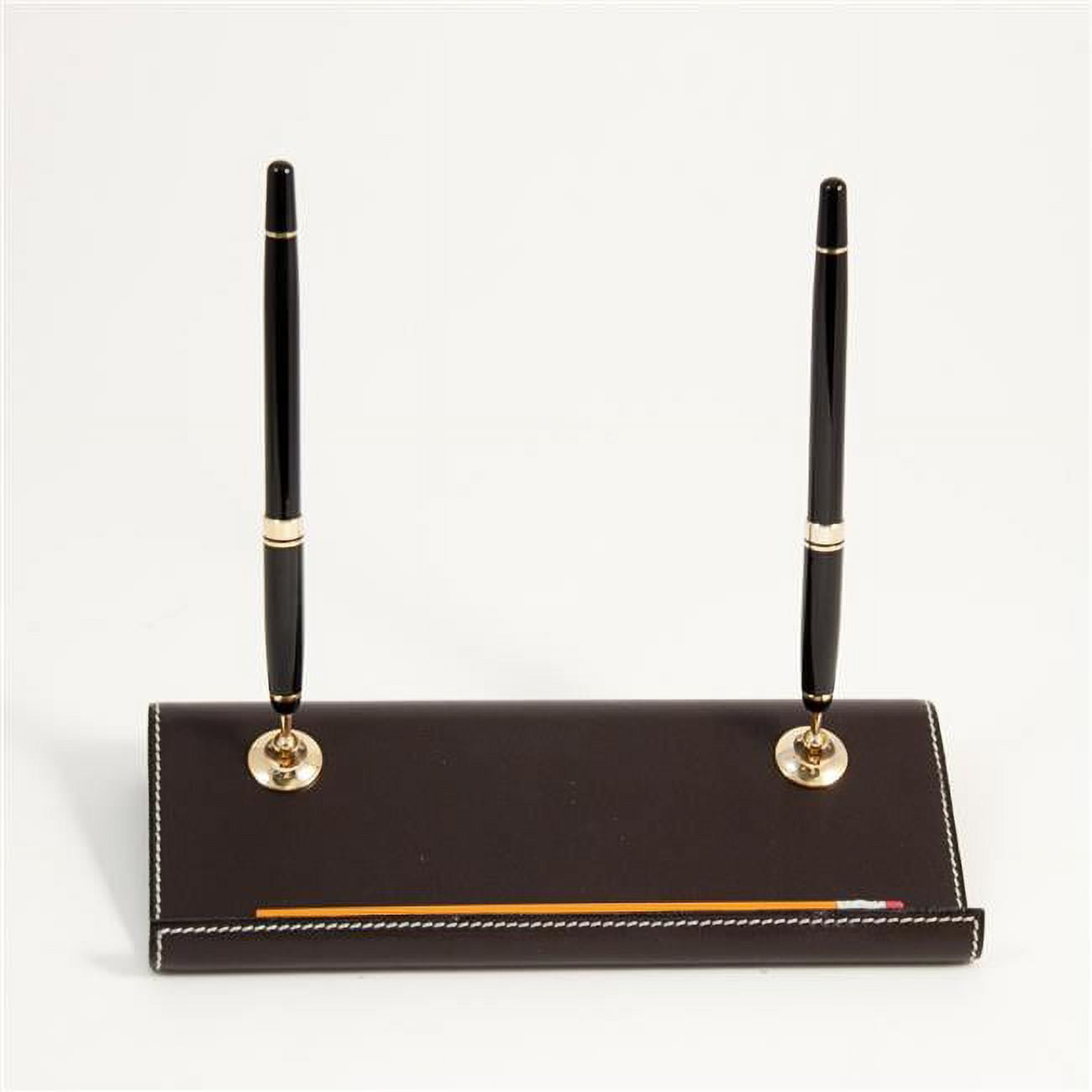 Picture of Bey-Berk International D1218 Coco Brown Leather Double Pen Stand with Gold Plated Accents