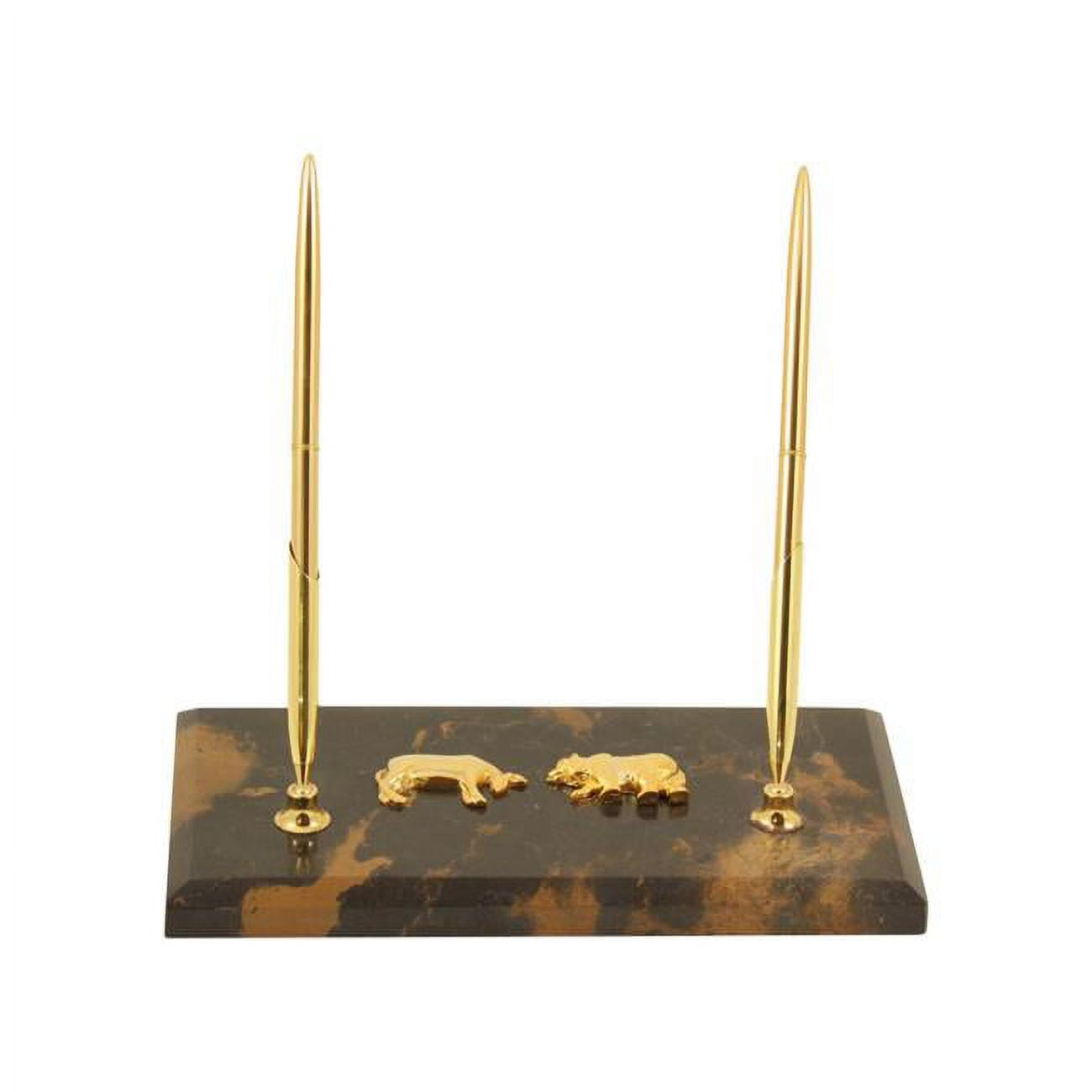 Picture of Bey-Berk International D018B Stock Market Tiger Eye Marble Gold Plated Double Pen Stand&#44; Marble &amp; Gold