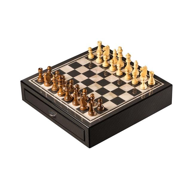 Picture of Bey-Berk International G551 Carbon Fiber & Mother of Pearl Design Chess Set with Accessory Drawers, Beige & Brown
