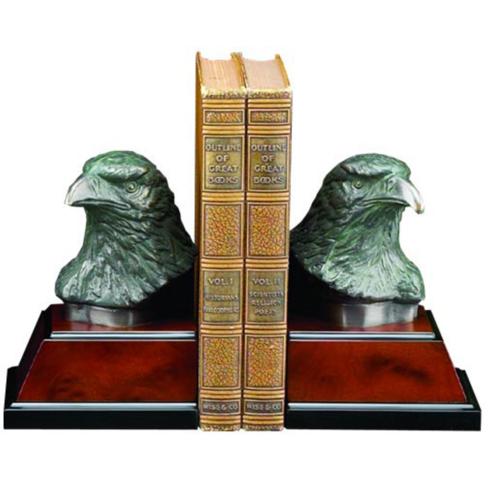 Picture of Bey-Berk International R18Y Cast Metal Eagle Bookends with Bronzed Finish on Burl &amp; Black Wood Base