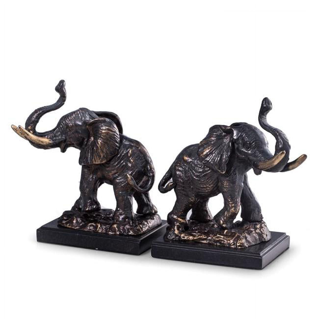 Picture of Bey-Berk International R18P Cast Metal Elephant Bookends with Bronzed Finish on Black Marble Base