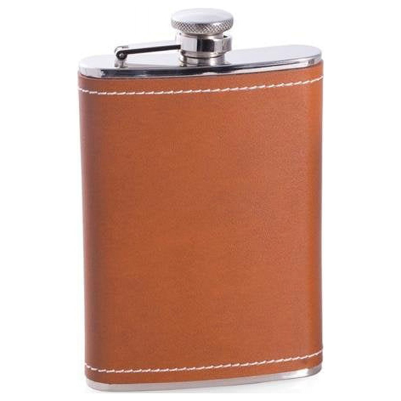 Picture of Bey-Berk International FS148 8 oz Stainless Steel Saddle Brown Leather White Stitch Flask with Captive Cap &amp; Durable Rubber Seal
