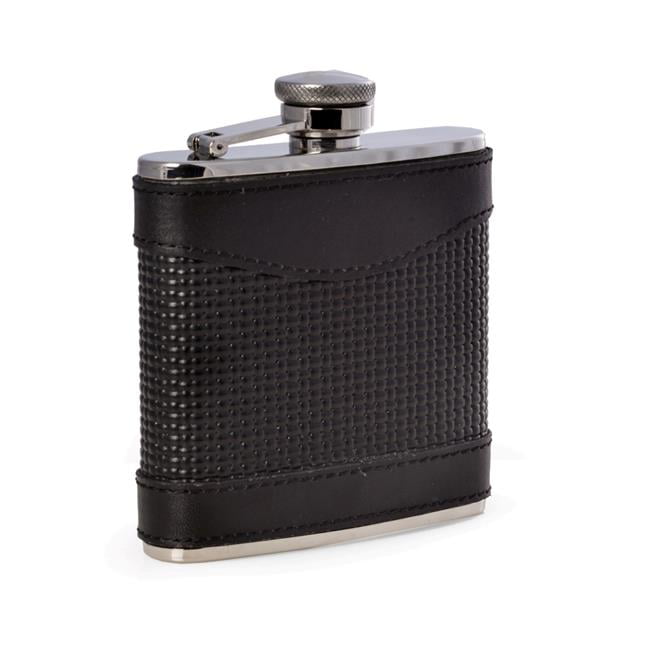 Picture of Bey-Berk International FS215 5 oz Stainless Steel Leather Woven Flask with Captive Cap &amp; Durable Rubber Seal - Black &amp; Silver