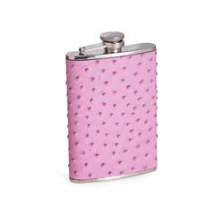 Picture of Bey-Berk International FS248 8 oz Stainless Steel Ostrich Leather Flask with Captive Cap &amp; Durable Rubber Seal - Pink &amp; Silver