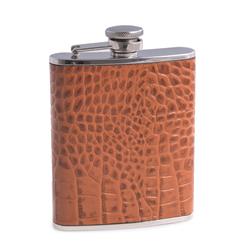 Picture of Bey-Berk International FS256 6 oz Stainless Steel Croco Leather Flask with Captive Cap &amp; Durable Rubber Seal - Brown &amp; Silver