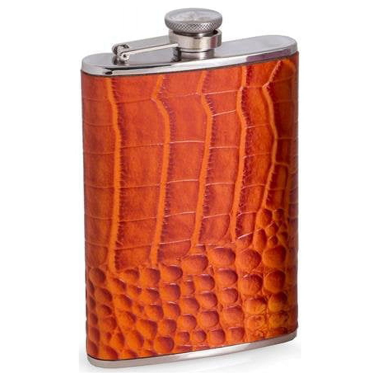 Picture of Bey-Berk International FS268 8 oz Stainless Steel Croco Leather Flask with Captive Cap &amp; Durable Rubber Seal - Orange &amp; Silver