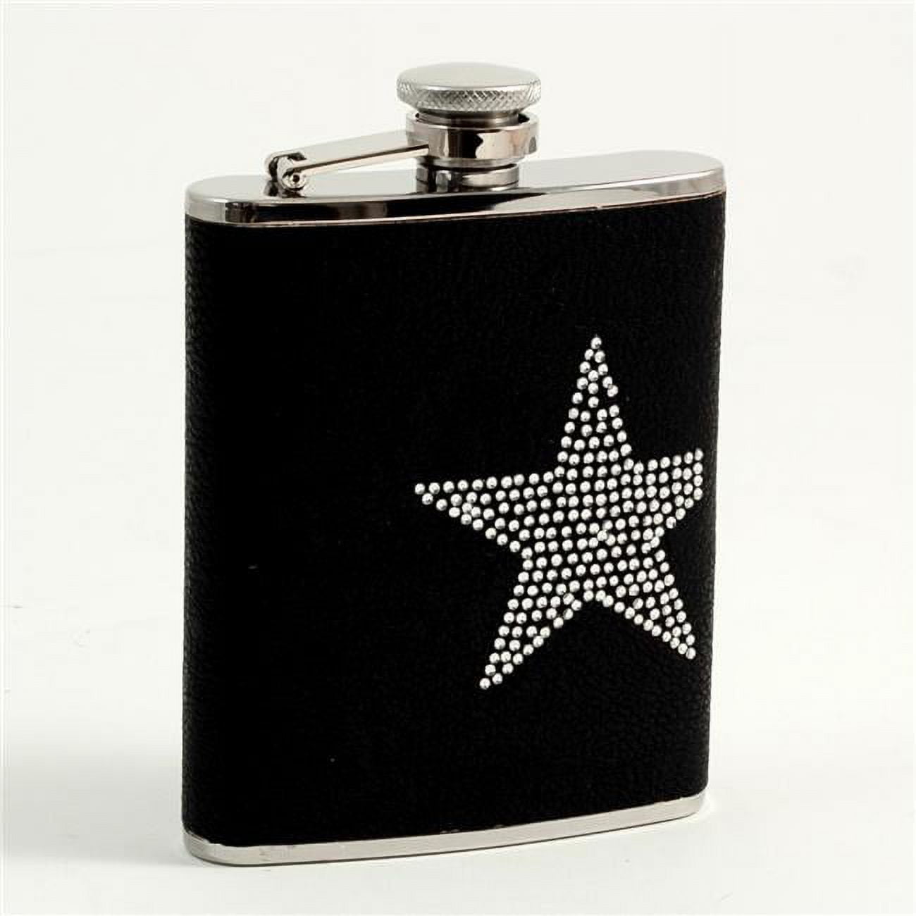 Picture of Bey-Berk International FS416 6 oz Stainless Steel Leatherette Flask with Reign Stone Star Design Captive Cap &amp; Durable Rubber Seal - Black &amp; Silver