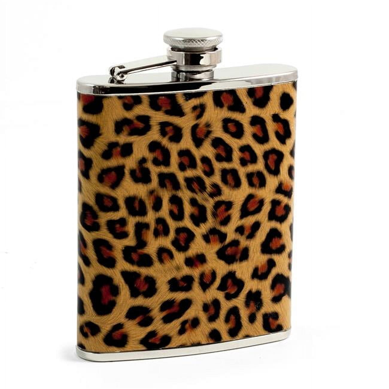 Picture of Bey-Berk International FS436 6 oz Stainless Steel Leopard Pattern Flask with Captive Cap &amp; Durable Rubber Seal - Silver