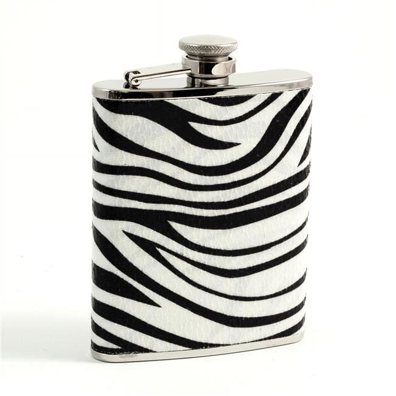 Picture of Bey-Berk International FS456 6 oz Stainless Steel Zebra Pattern Flask with Captive Cap &amp; Durable Rubber Seal - Silver