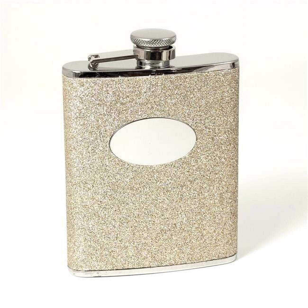 Picture of Bey-Berk International FS476G 6 oz Stainless Steel Gold Glitter Flask with Oval Medallion Captive Cap &amp; Durable Rubber Seal