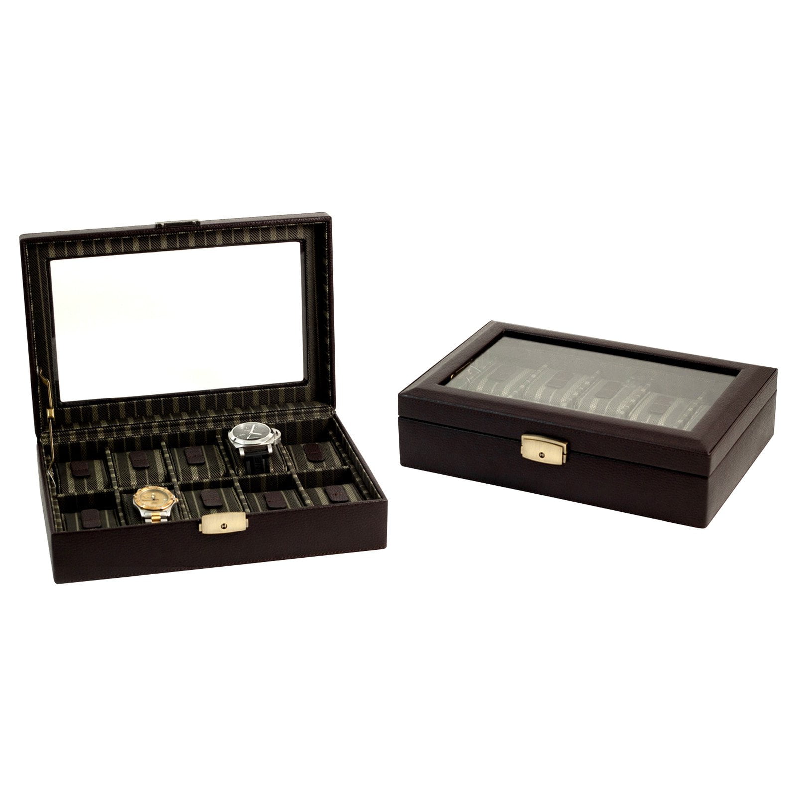 Picture of Bey-Berk International BB632BRW Leather 10 Watch Case with Glass Top &amp; Locking Clasp - Brown
