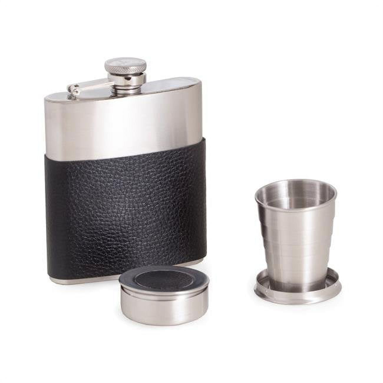 Picture of Bey-Berk International FS757 7 oz Stainless Steel Flask with Leather Wrap&#44; Captive Cap &amp; Durable Rubber Seal 2 Collapsible Cups Gift Set - Black &amp; Silver