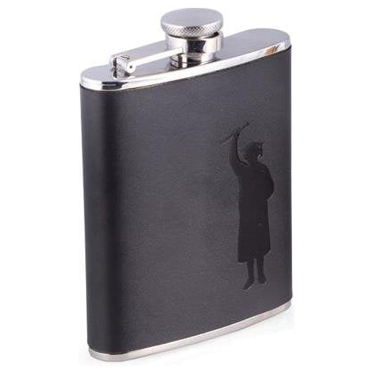 Picture of Bey-Berk International FS116G 6 oz Stainless Steel Leather Graduation Flask with Captive Cap &amp; Durable Rubber Seal - Black &amp; Silver