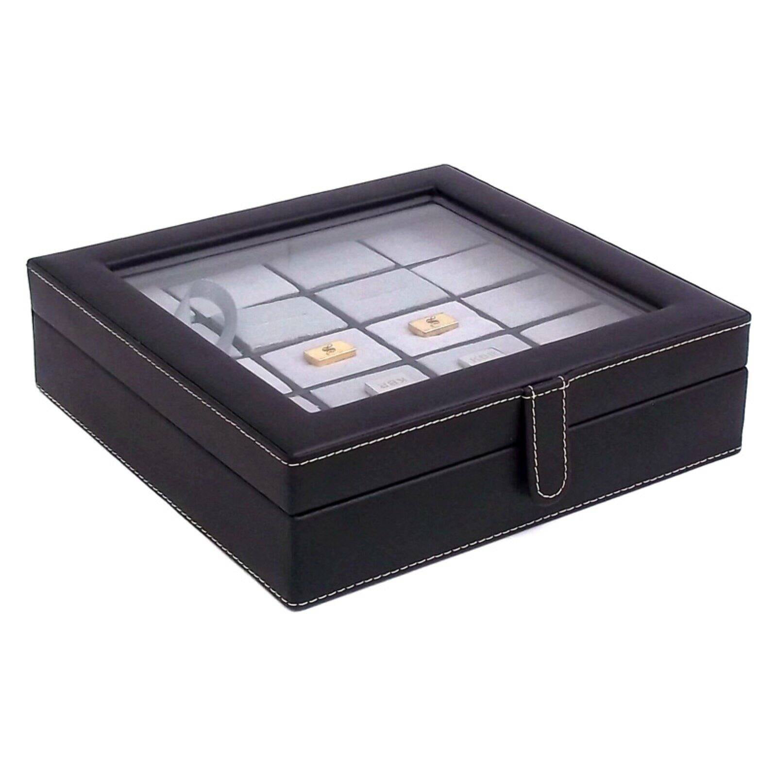 Picture of Bey-Berk International BB579BLK Black Leather 20 Cufflink Box with Glass Top &amp; Snap Closure