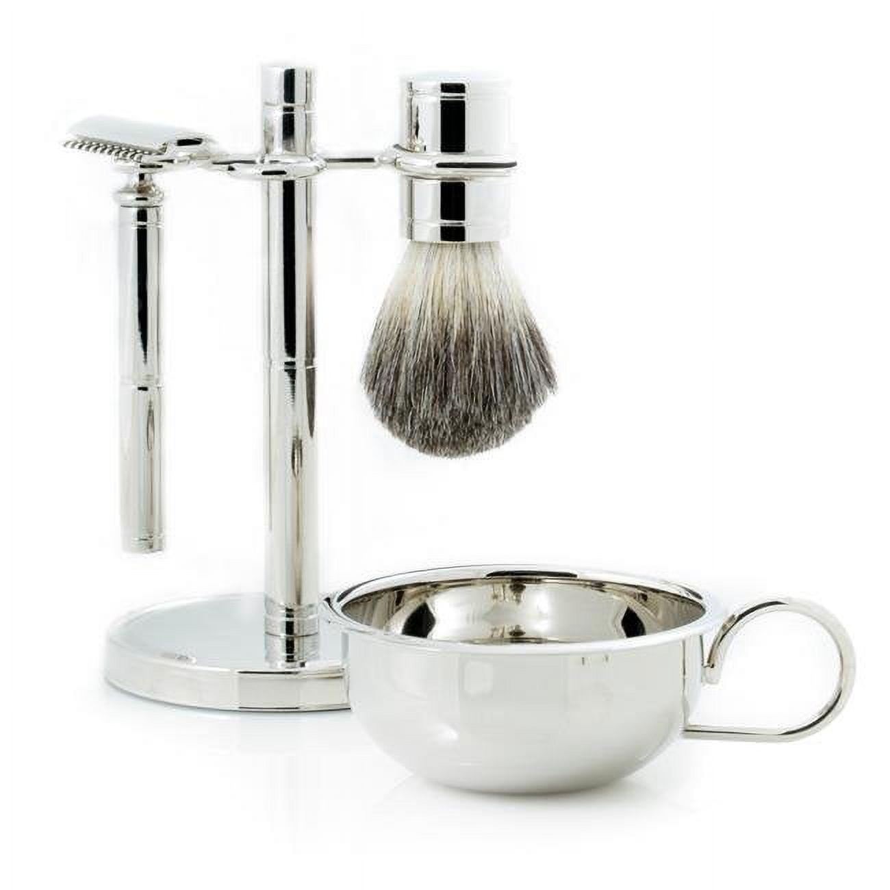 Picture of Bey-Berk International BB02 Safety Razor &amp; Pure Badger Brush with Soap Dish on Chrome Stand&#44; Silver