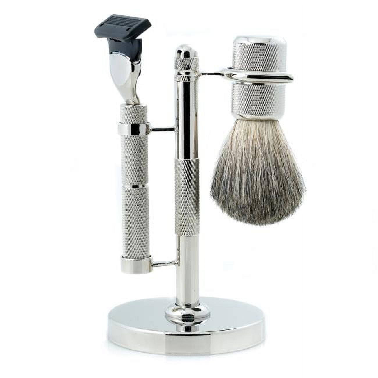 Picture of Bey-Berk International BB06 Fusion Razor &amp; Pure Badger Brush on Diamond Cut Design with Chrome Stand&#44; Silver