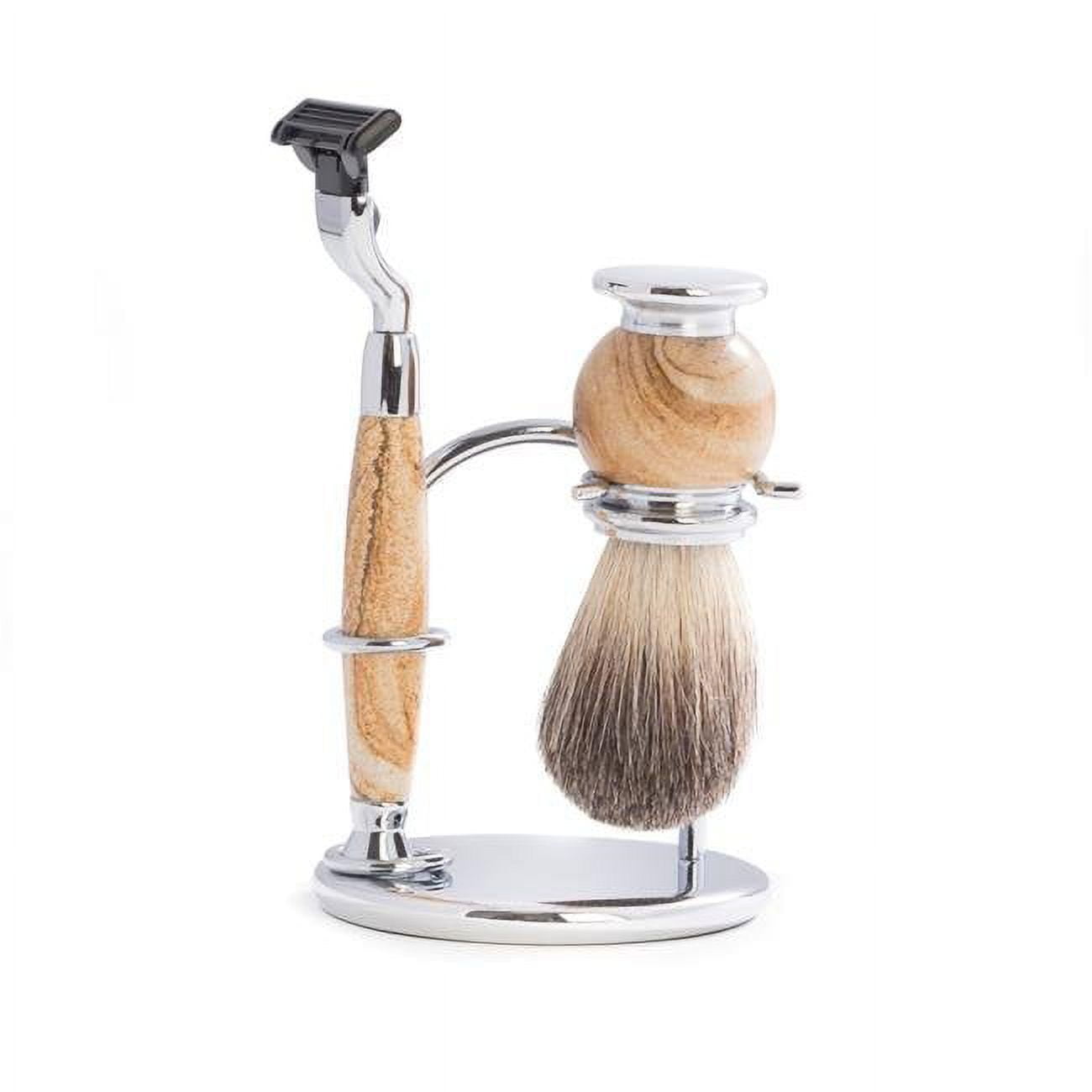 Picture of Bey-Berk International BB17 Mach 3 Razor & Pure Badger Brush on Chrome with Stand, Tan Stone