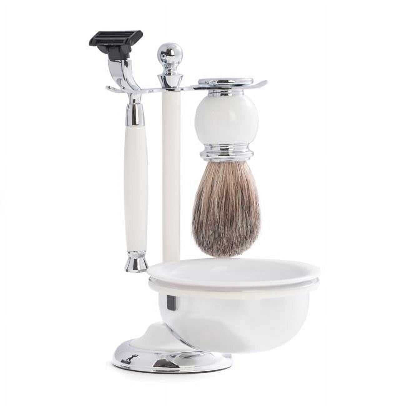 Picture of Bey-Berk International BB24 Mach 3 Razor &amp; Pure Badger Brush with Soap Dish Chrome Plated White Enamel