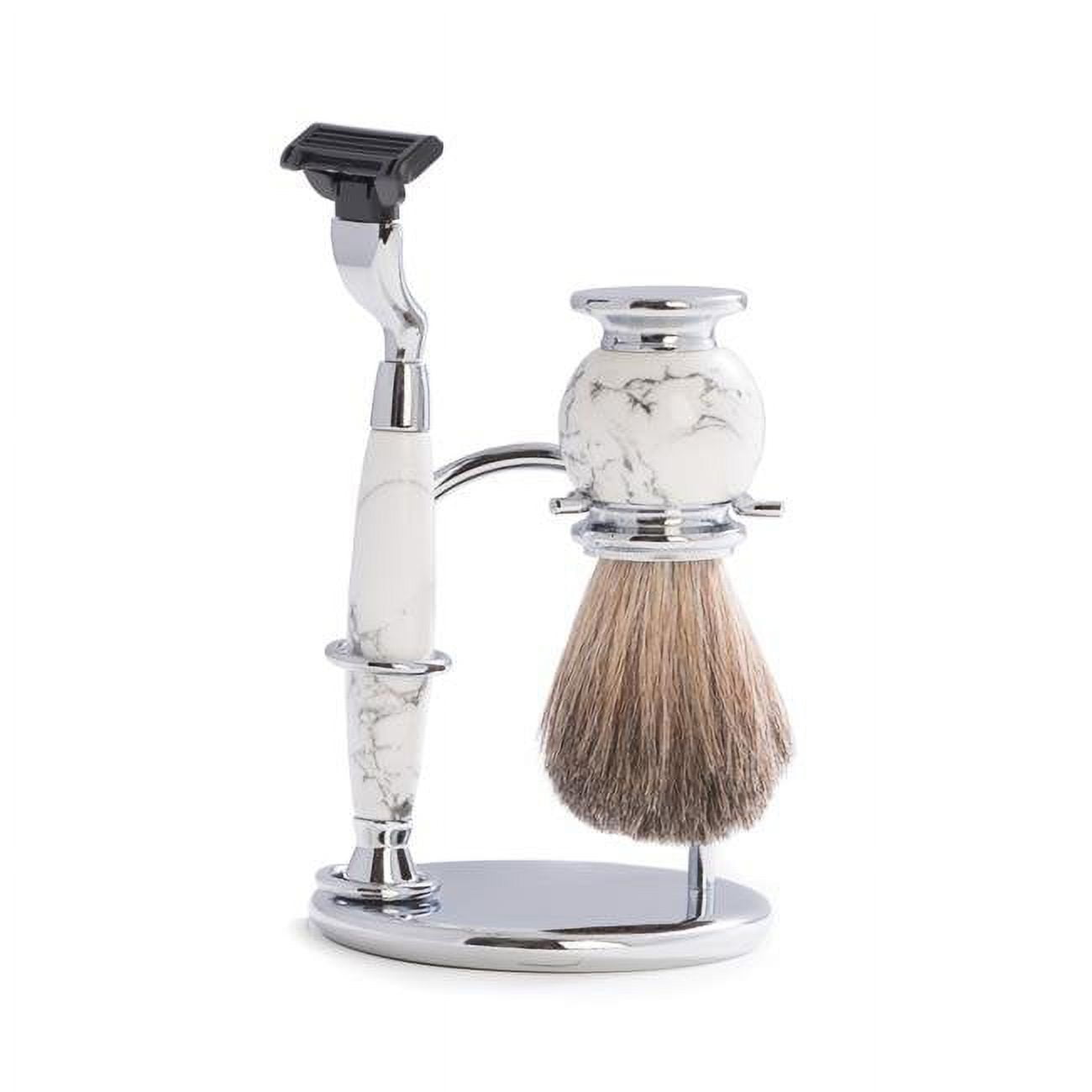 Picture of Bey-Berk International BB27 Mach 3 Razor & Pure Badger Brush on Chrome with Stand, White Stone