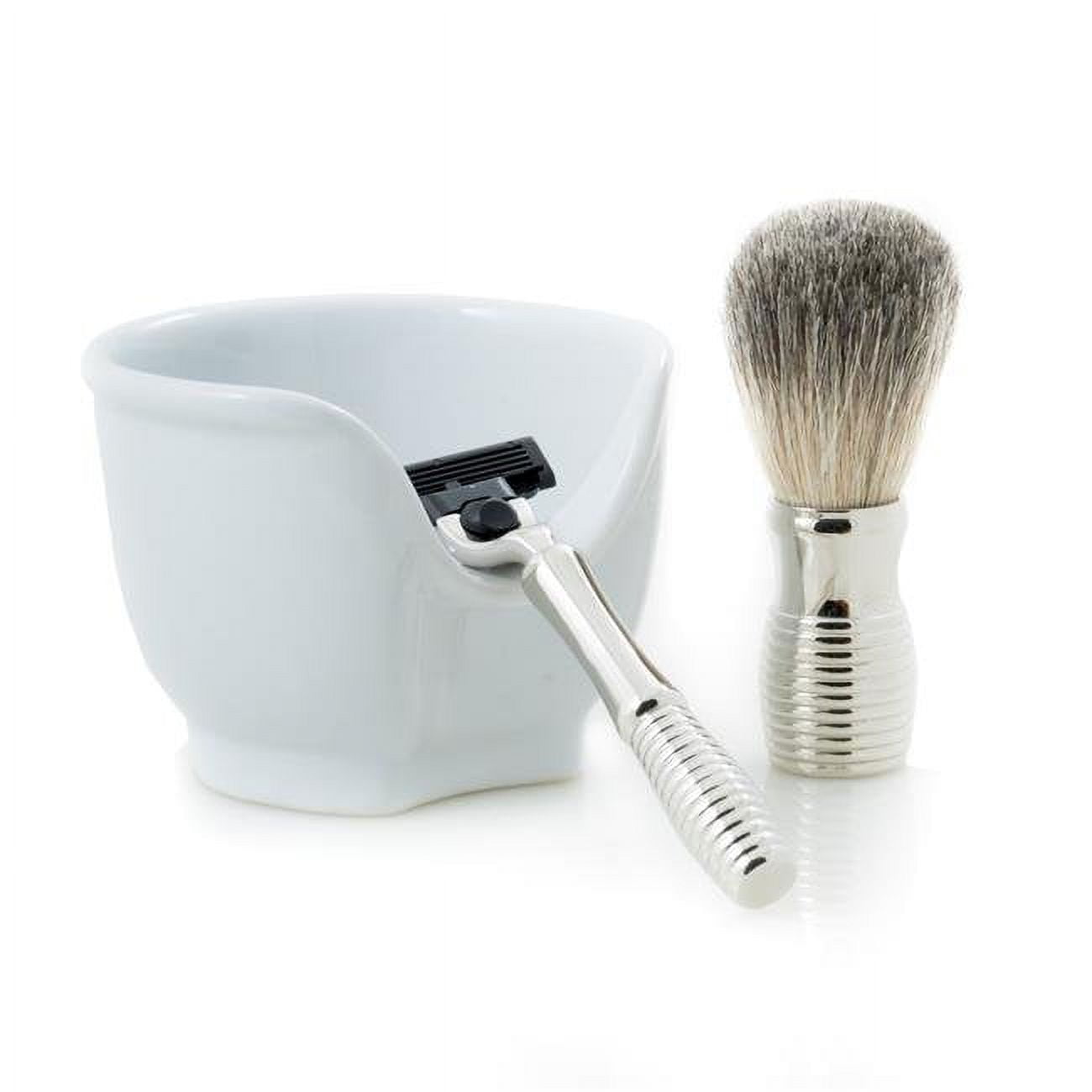 Picture of Bey-Berk International BB29 Chrome Plated Mach3 Razor &amp; Badger Brush with White Porcelain Soap Dish