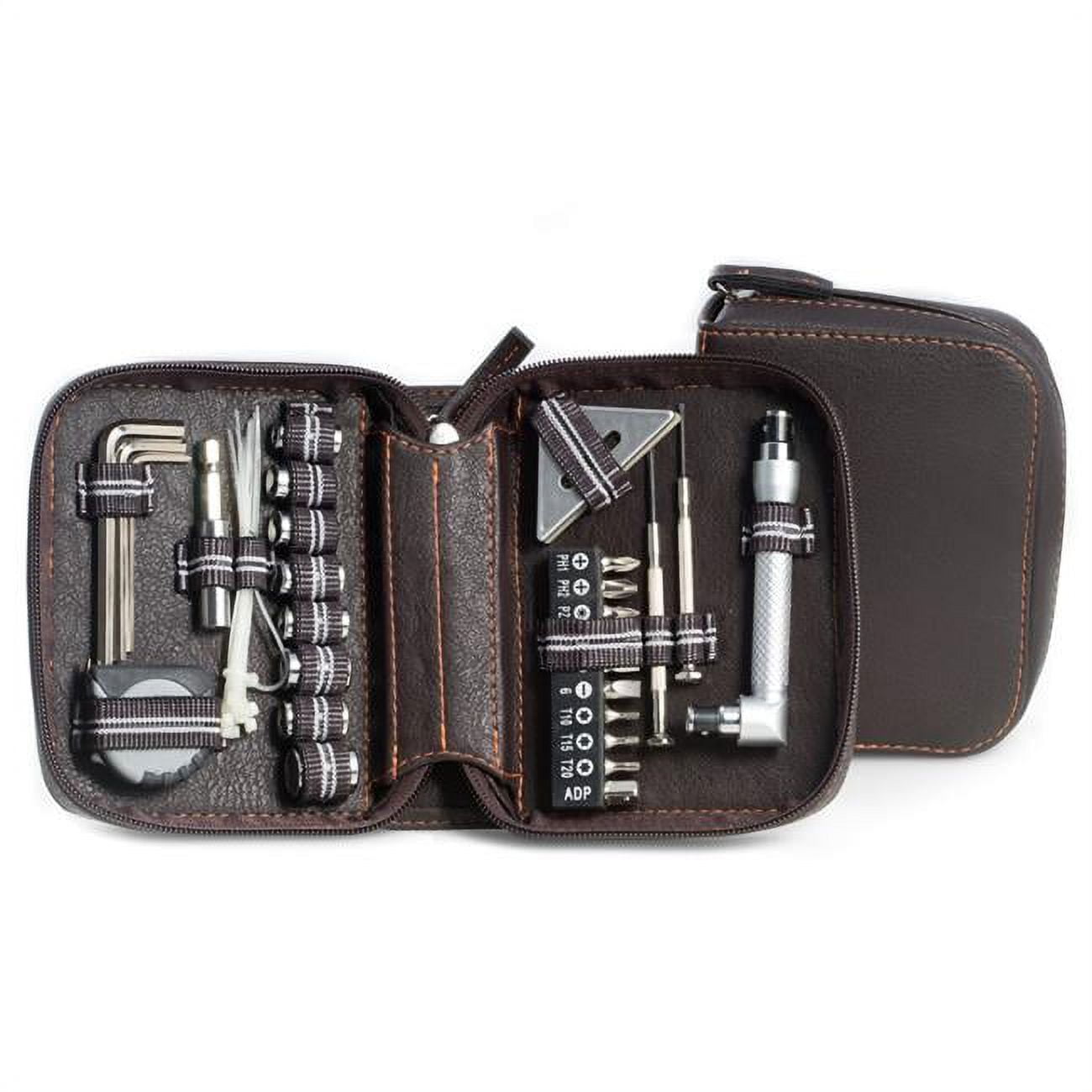 Picture of Bey-Berk International BB408 28 Piece Tool Set in Brown Zippered Leatherette Case 