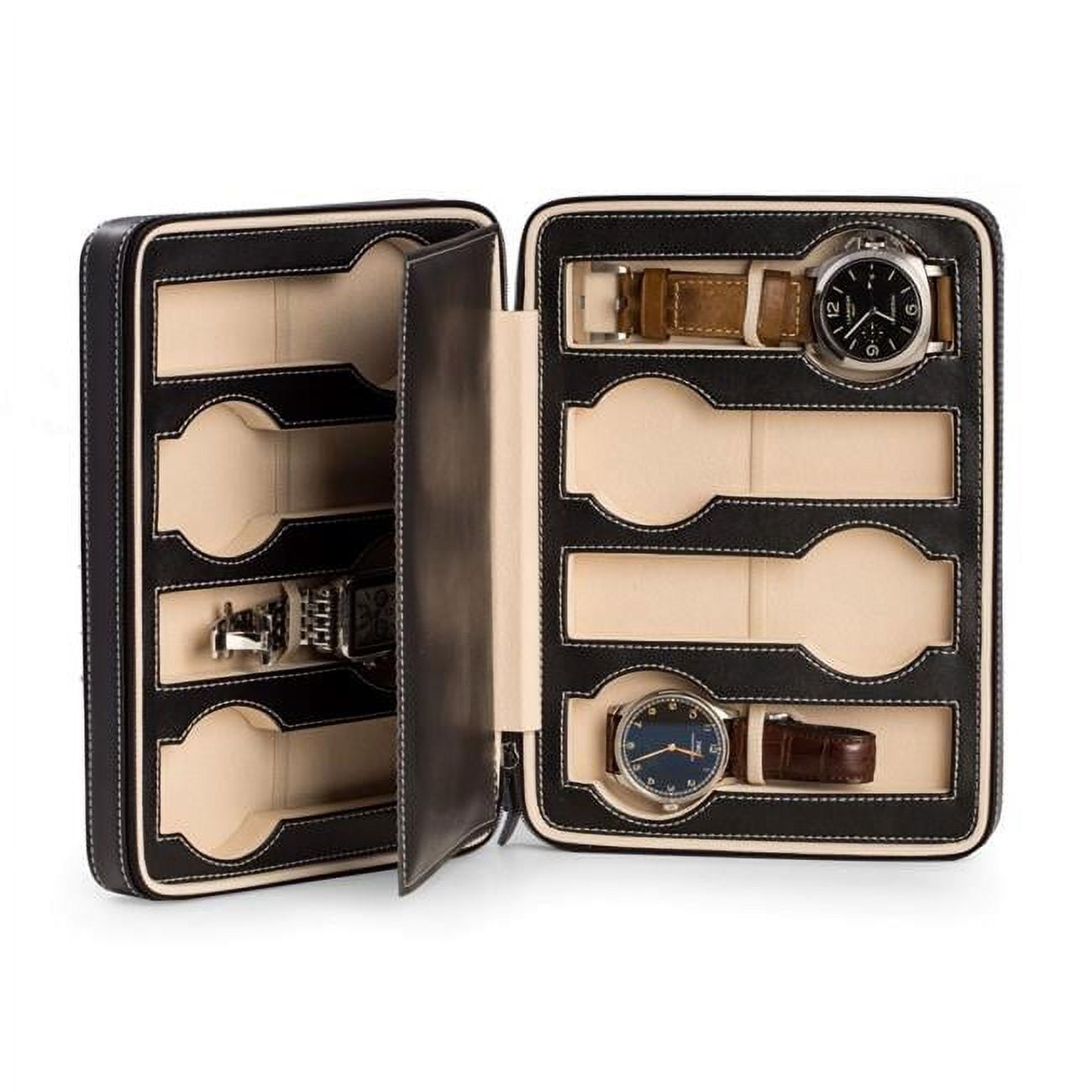 Picture of Bey-Berk International BB592BLK Black Leather 8 Watch Storage &amp; Travel Case with Form Fit Compartments