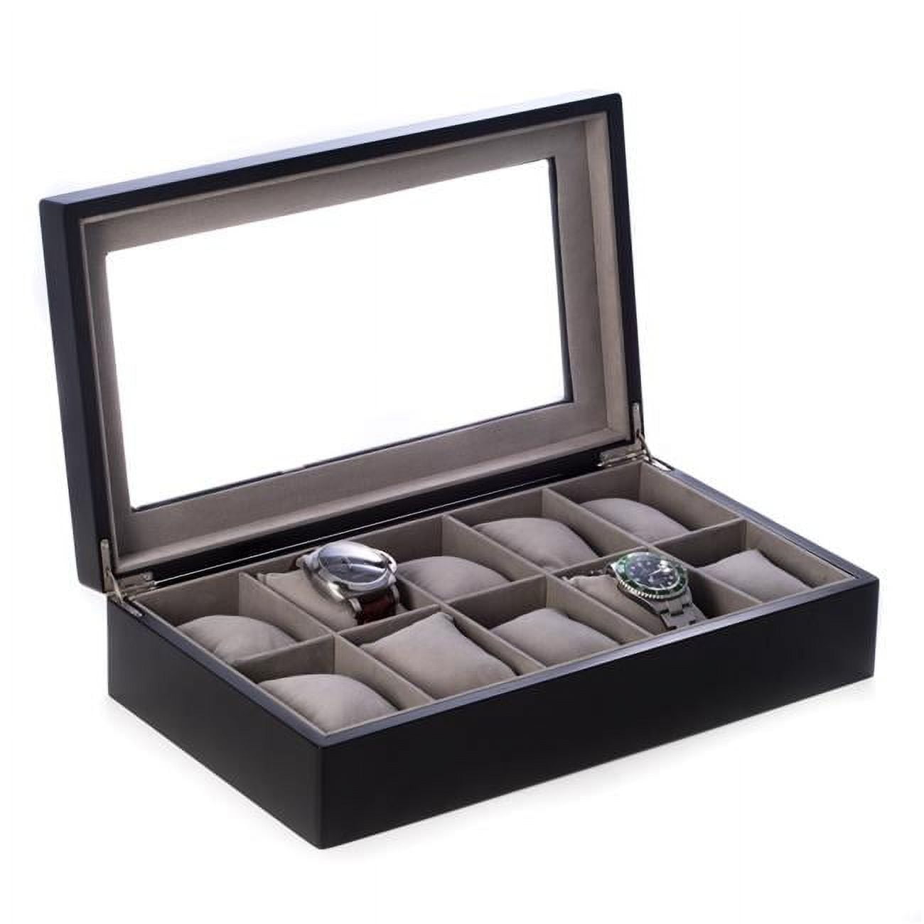 Picture of Bey-Berk International BB639BLK Matte Black Wood 10 Watch Box with Glass Top &amp; Velour Lining &amp; Pillows