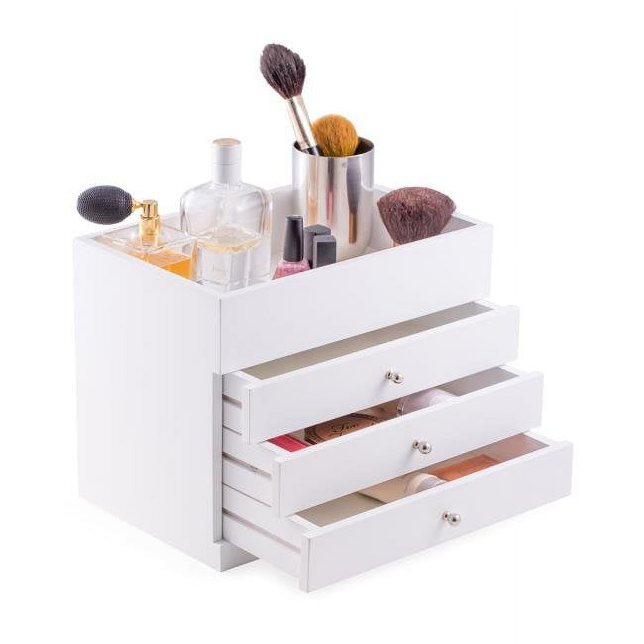 Picture of Bey-Berk International BB685WHT White Wood Makeup Case with Open Top - 3 Drawers