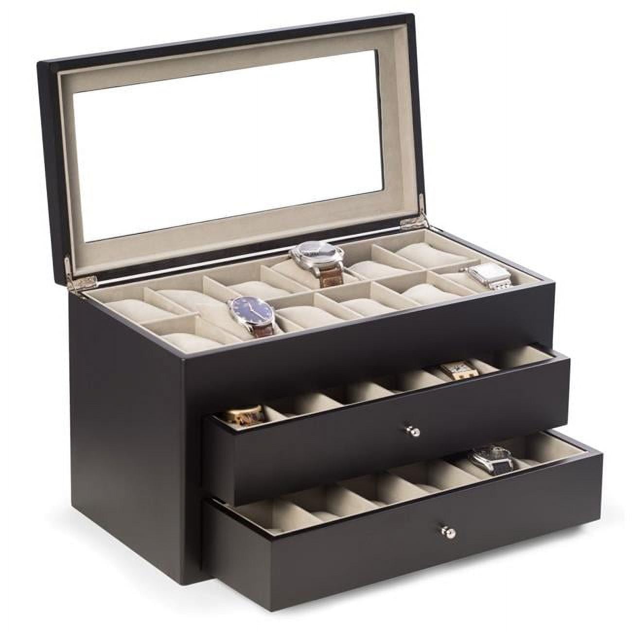Picture of Bey-Berk International BB686BLK Matte Black Wood 36 Watch Box with Glass Top &amp; 2 Drawers Velour Lining &amp; Pillows