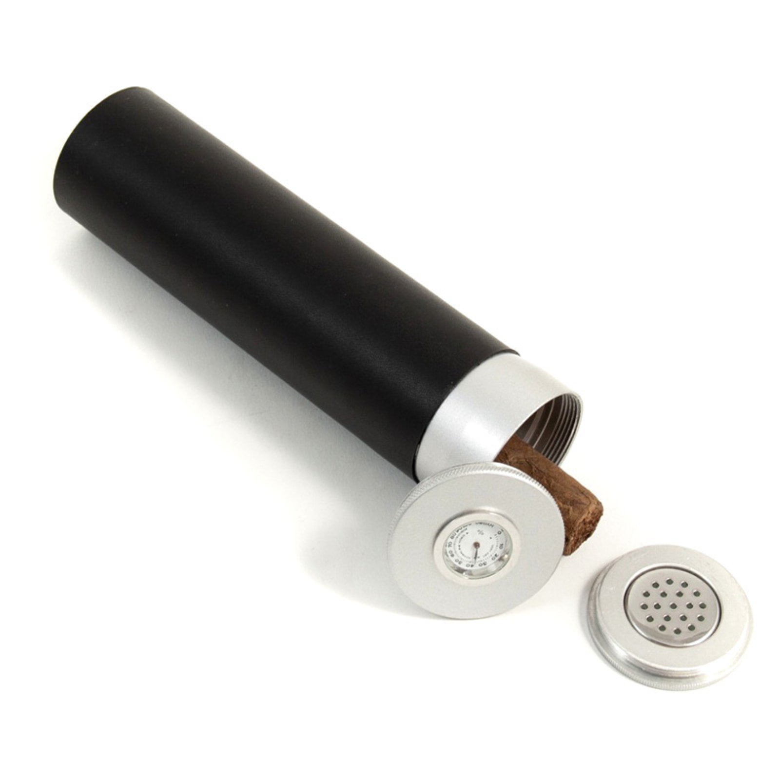 Picture of Bey-Berk International C400 Black Leather Wrap Aluminum Cigar Tube with Hygrometer &amp; Humidistat