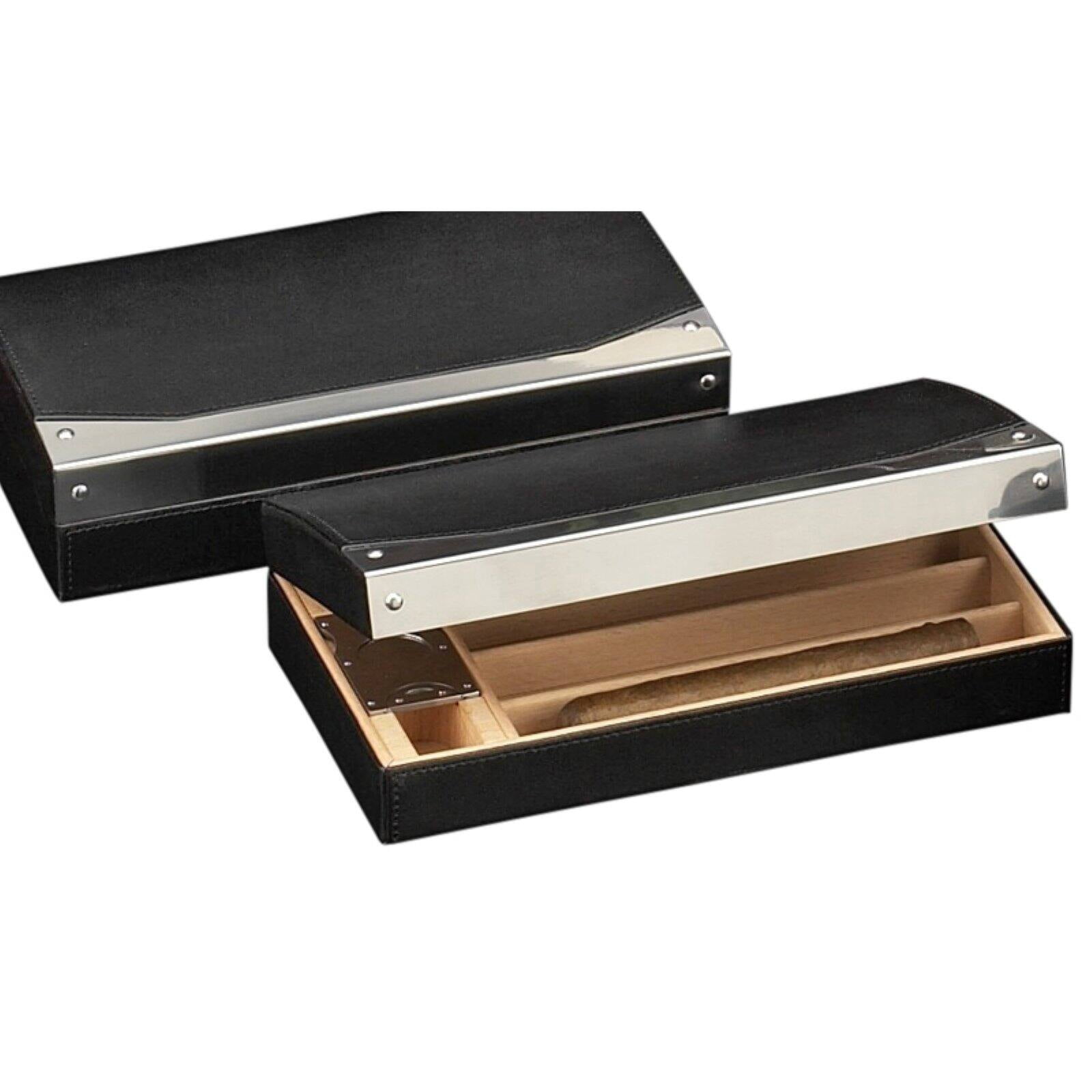 Picture of Bey-Berk International C409 Black Leather 4 Cigar Humidor with Stainless Steel Cutter &amp; Humidistat