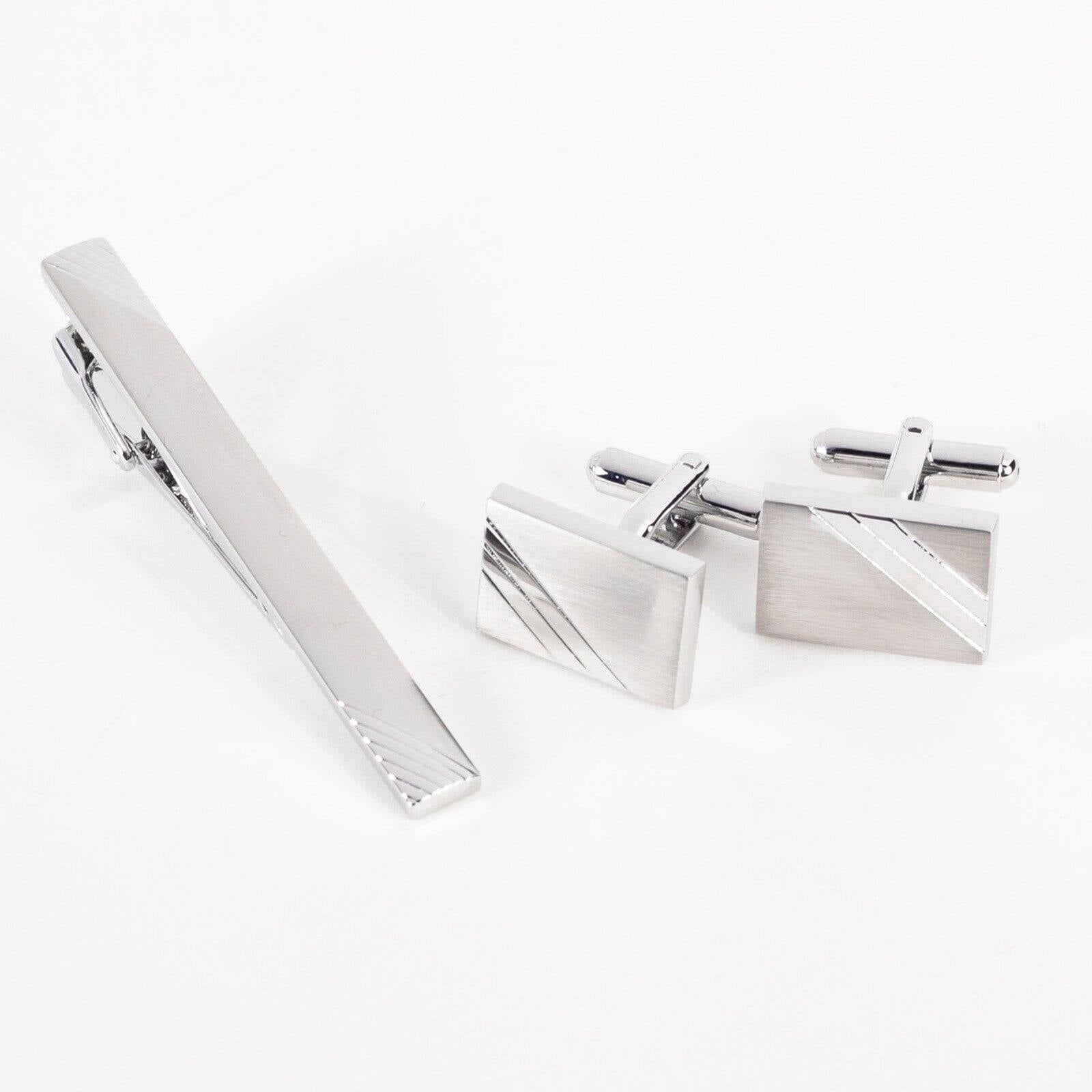 Picture of Bey-Berk International J198SET Rhodium Plated Satin Finish &amp; Striped Design Cufflinks &amp; Tie Pin Set - Silver