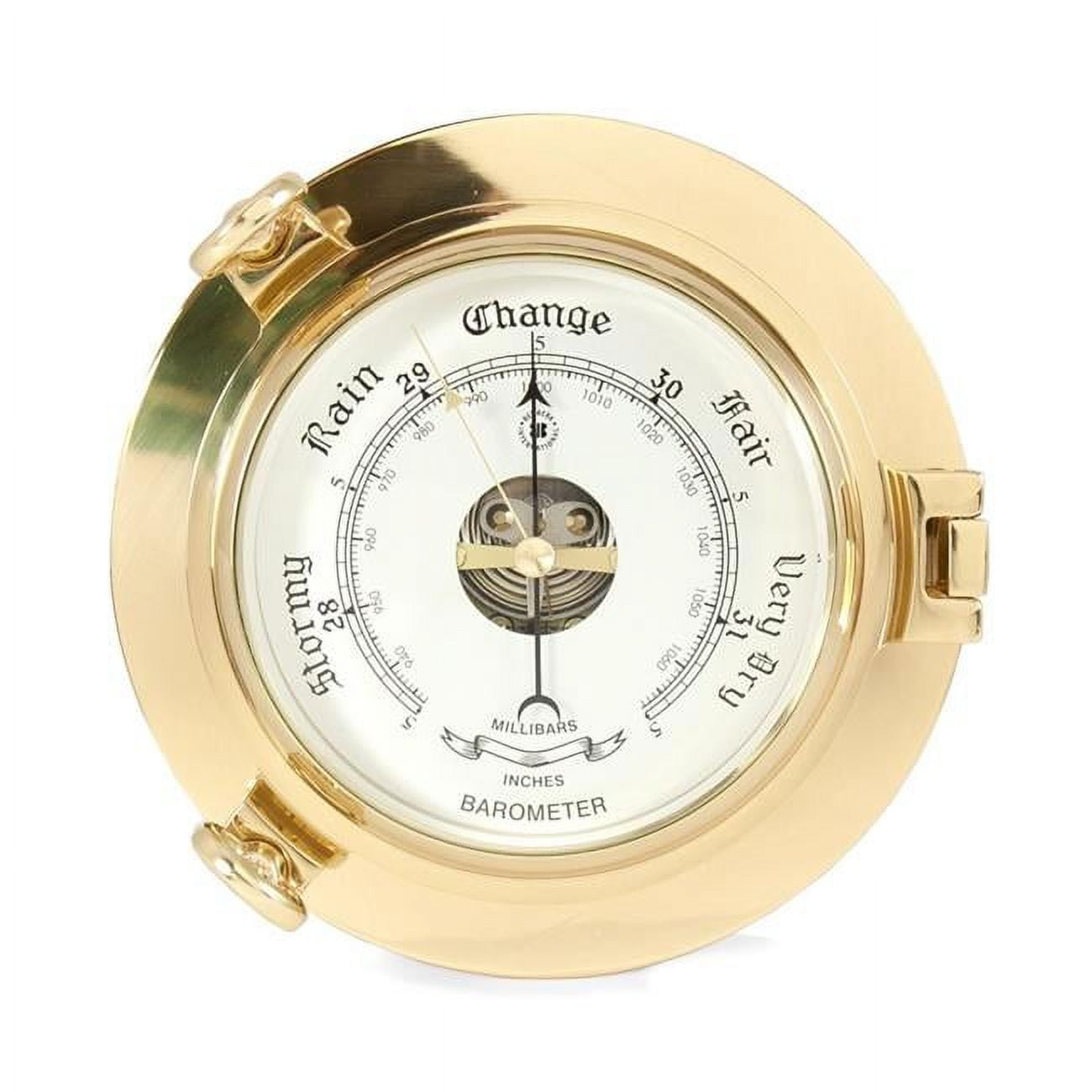 Picture of Bey-Berk International SB413 Lacquered Brass Porthole Barometer with Beveled Glass - Gold &amp; Oak Wood