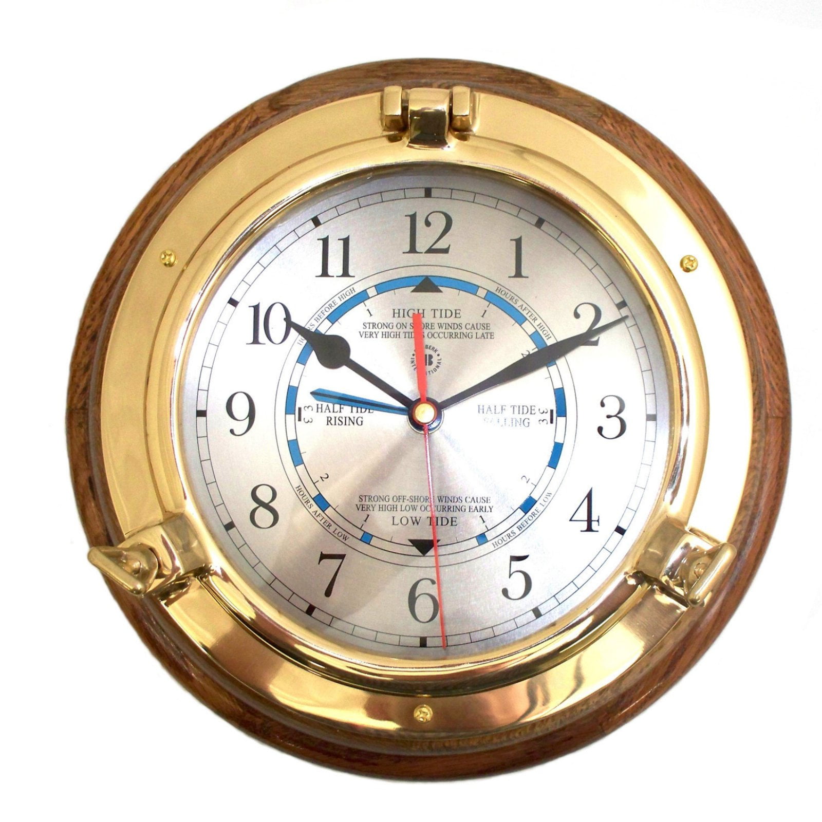 Picture of Bey-Berk International SQ528 Lacquered Brass Porthole Tide &amp; Time Quartz Clock on Oak Wood