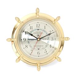 Picture of Bey-Berk International SQ562 Lacquered Brass Ships Wheel Tide &amp; Time Quartz Clock with Beveled Glass - Gold