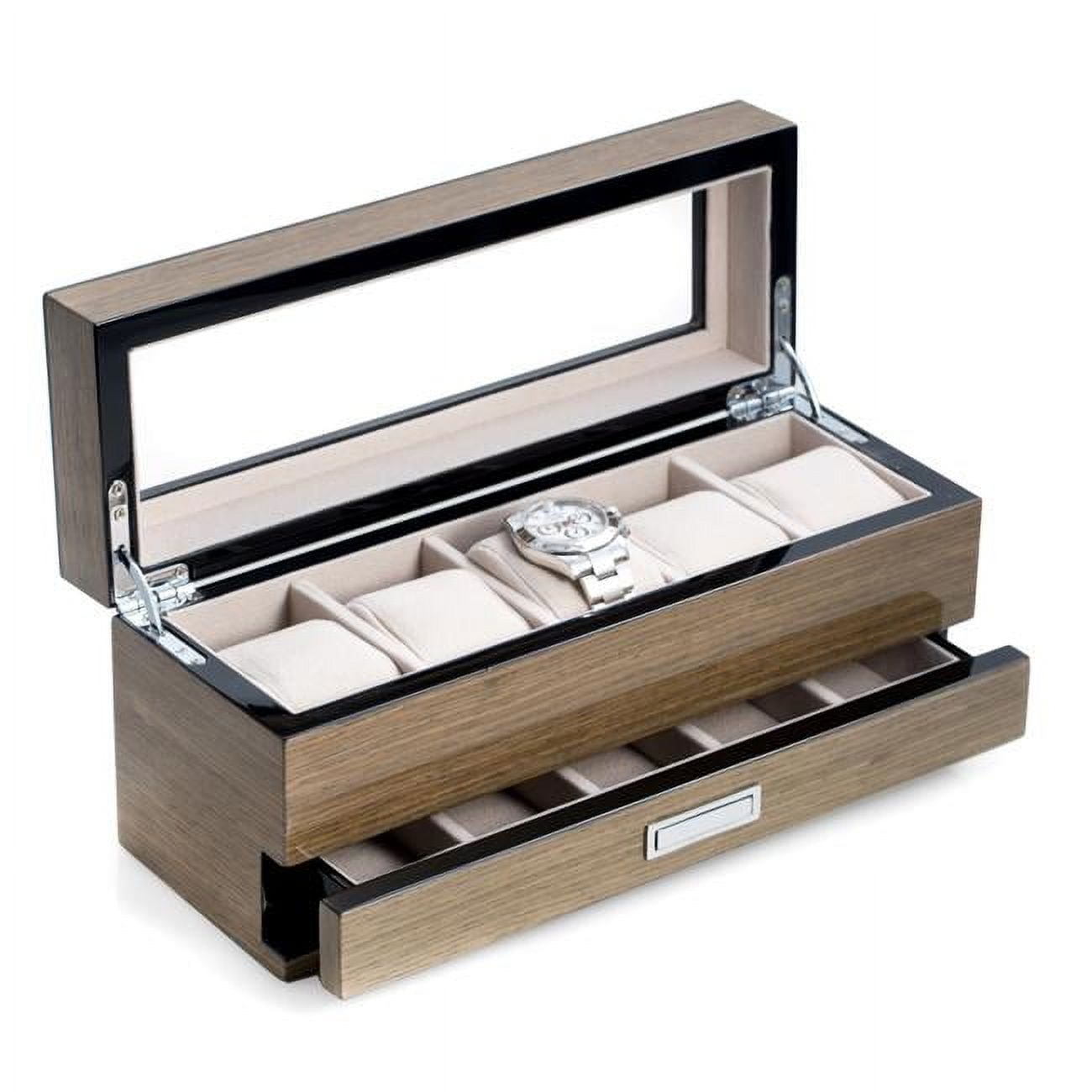 Picture of Bey-Berk International BB647GRY Lacquered Silver Walnut Wood 5 Watch Box with Glass Top&#44; 5 Compartment Accessory Drawer &amp; Chrome Accents - Grey
