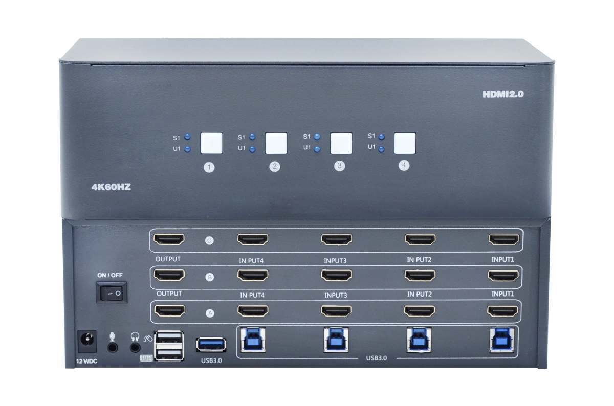 Bytecc KVM-HM4-3 4 Port 4K Triple Monitor HDMI 2.0 KVM Switch, Space Grey