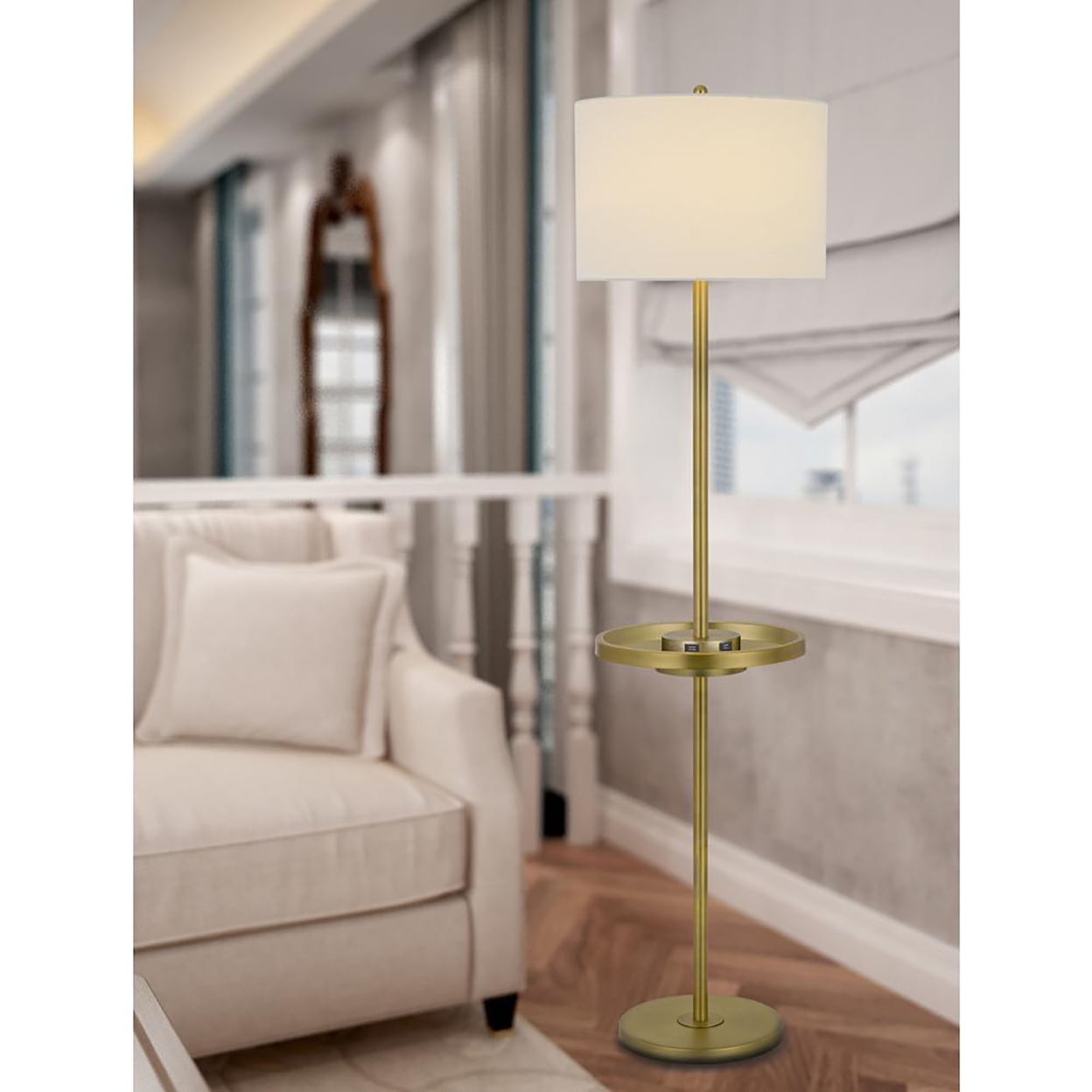 Picture of Cal Lighting BO-2983FL-AB 150W 3 Way Crofton Metal Floor Lamp with Centered Metal Tray Table, Antique Brass