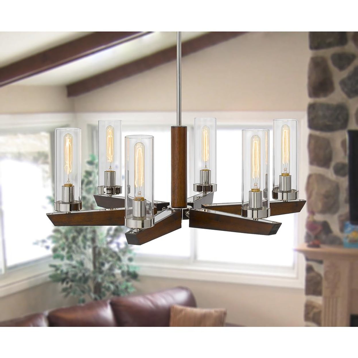 FX-3756-6 60 watt x 6 Ercolano Pine Wood & Metal Chandelier with Clear Glass Shade, Wood & Brushed Steel -  Cal Lighting