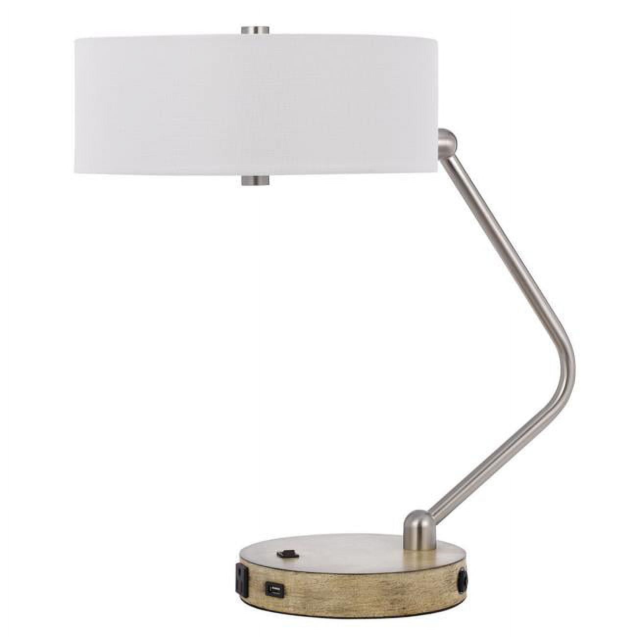 Picture of Cal Lighting BO-3058DK-BS 60 x 2W Marcos Metal Desk Lamp with Drum Fabric Shade&#44; 1 USB & 1 Type C USB Charging Port with Rubber Base&#44; Brushed Steel & Wood