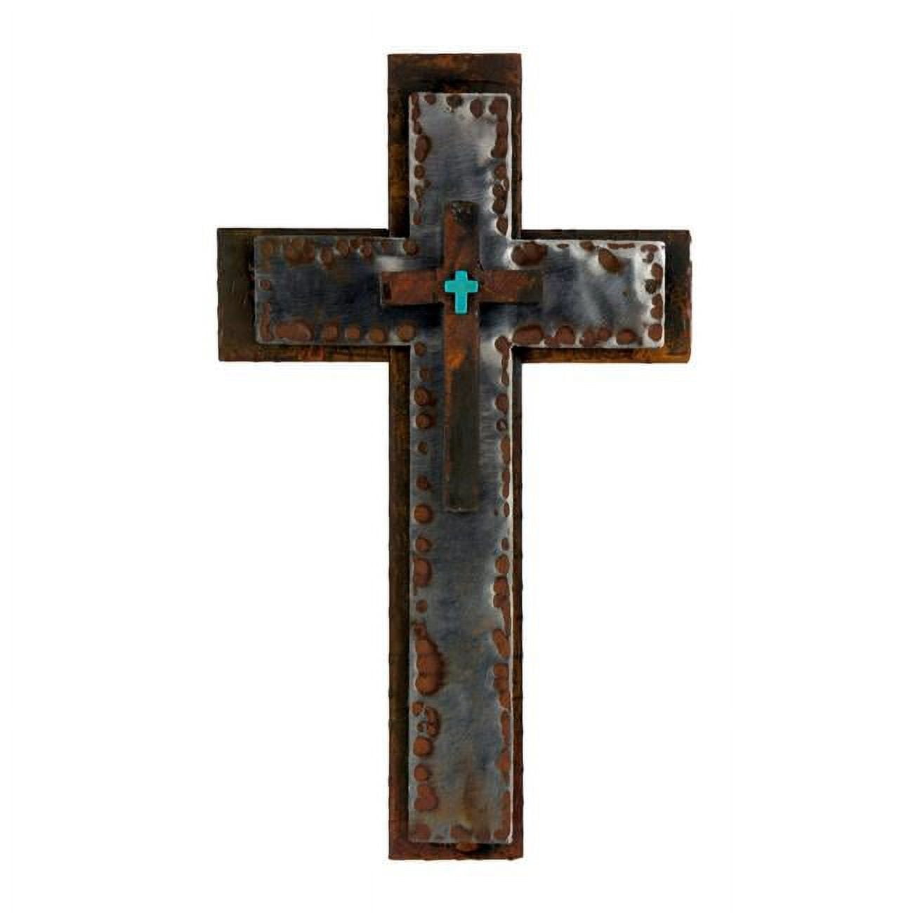 AD-073M Polished & Rusted Layered Hammered Cross with Iron & Magnesite Turquoise Cross - Medium