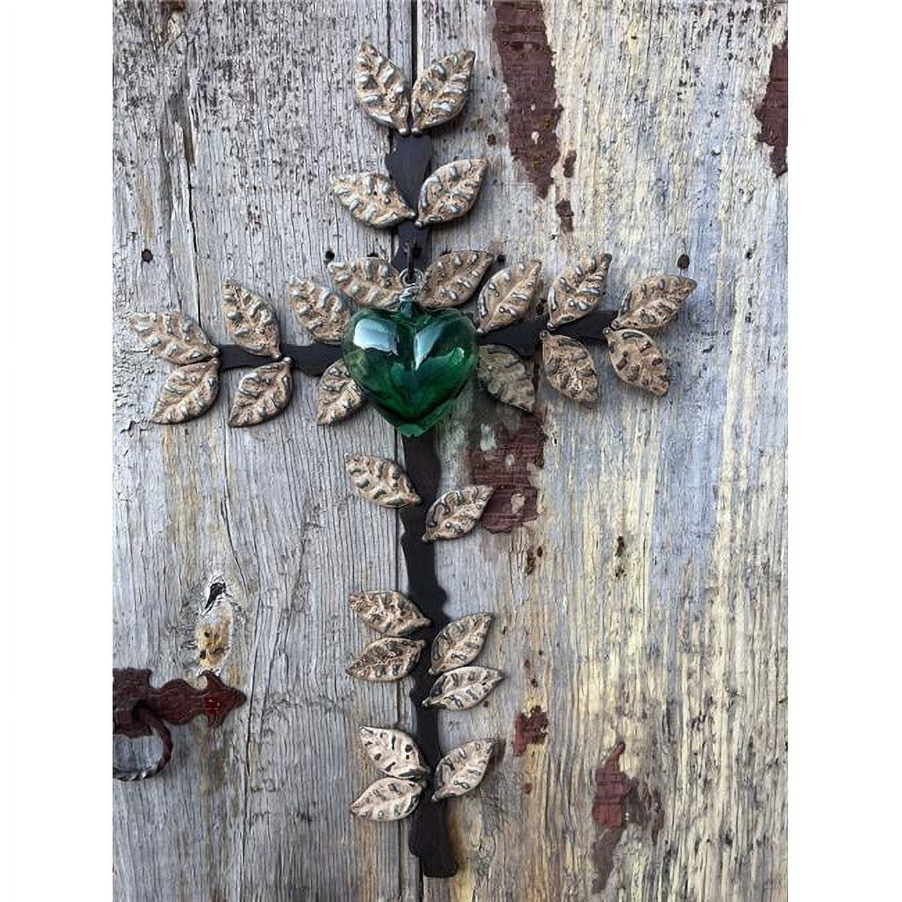 ATE-CR2L-SG Tree of Life Iron Leaf Cross with Extra Small Green Heart -  Artisans Gallery