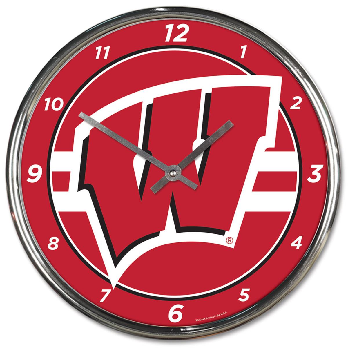 Wisconsin Badgers Clock Round Wall Style Chrome Special Order