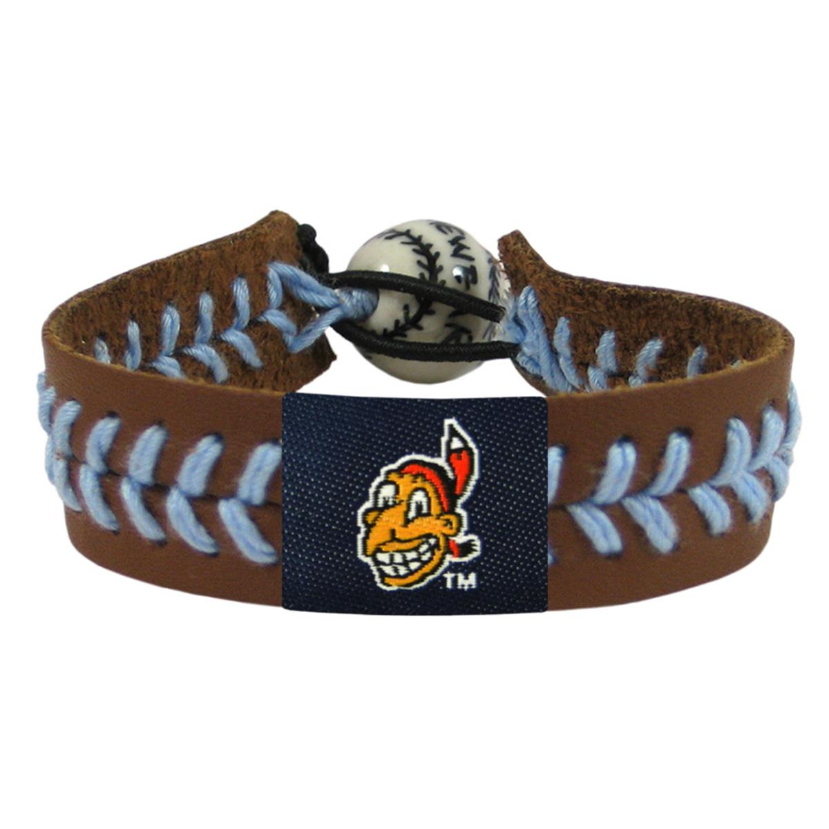 Team Color Baseball Chief Wahoo Brown Leather Blue Thread Cleveland Indians Bracelet
