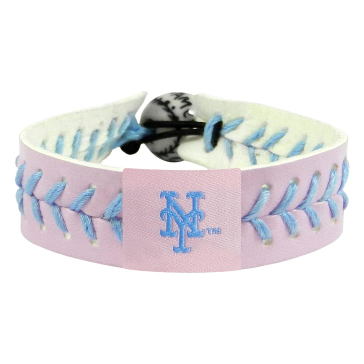 Team Color Baseball Pink Leather Powder Blue Thread New York Mets Bracelet