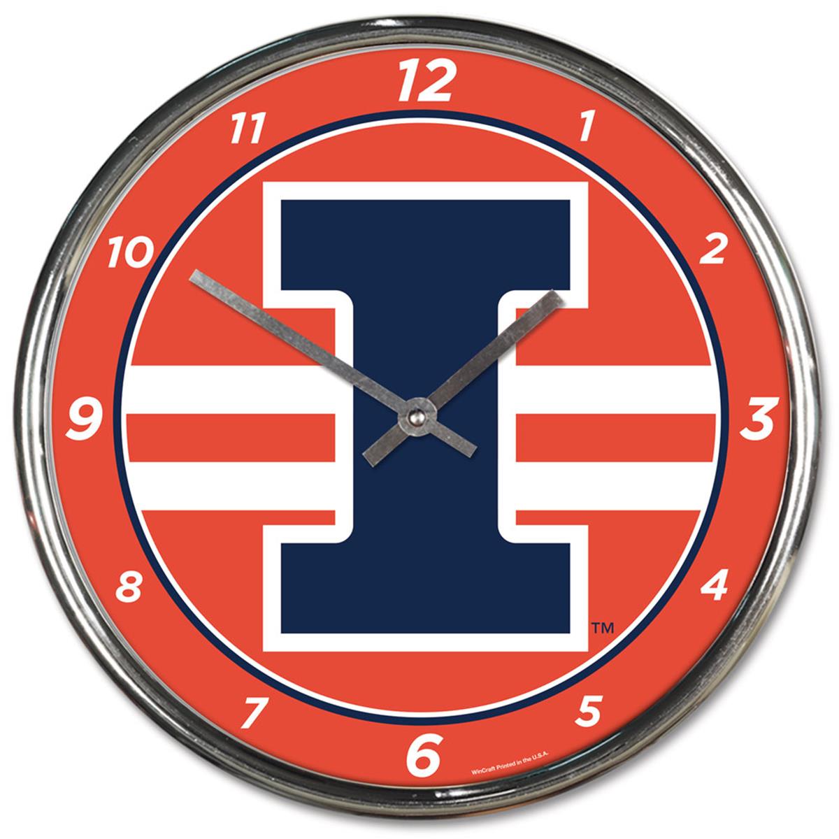 Illinois Fighting Illini Clock Round Wall Style Chrome Special Order