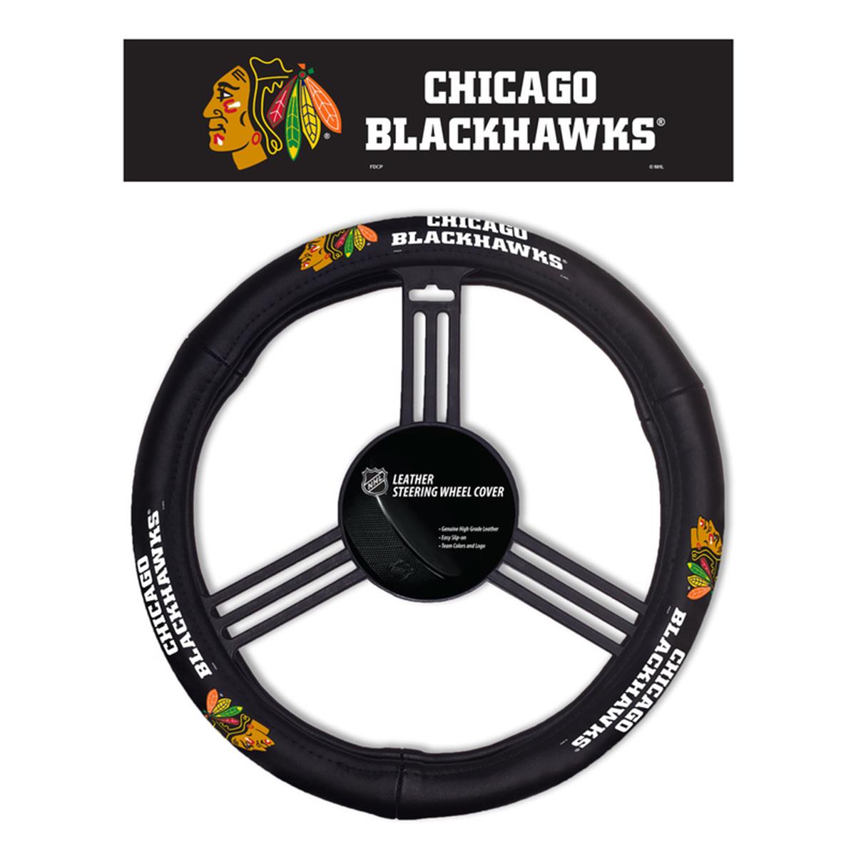 Picture of Fremont Die 2324588114 MLB Chicago Blackhawks Steering Wheel Cover - Leather