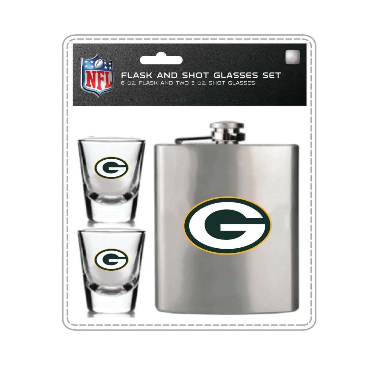 Mojo Licensing 9468800056 Green Bay Packers Flask & Shot Glass Set